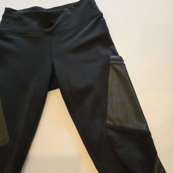 Athleta Leggings Faux‎ Leather Pockets Black Small Logo Style 74305 Yoga Biker - Picture 3 of 10